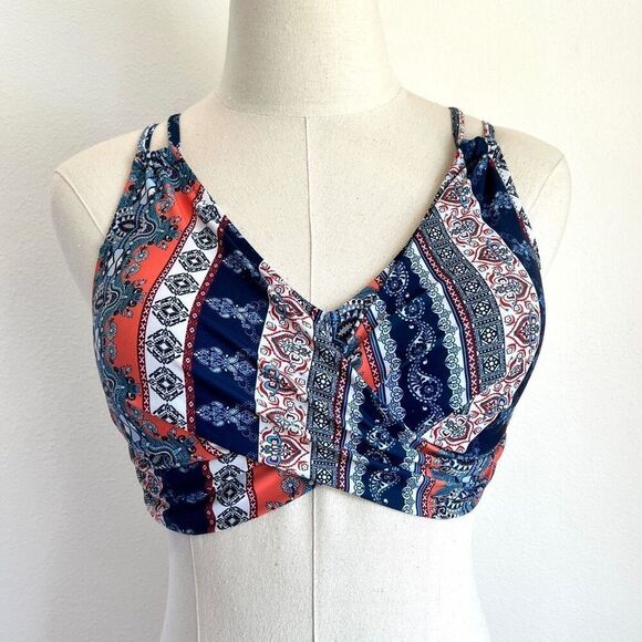 Multi-print Twist Bikini Top Size Medium Blue White and Coral Strappy Design No - Picture 1 of 11